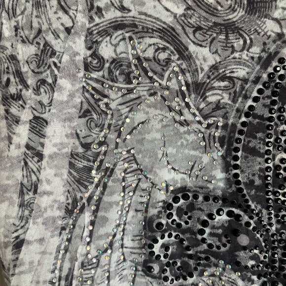 PARTY Sheer Women’s Fleur De Lis Rhinestone Burnout Long Sleeve Top Goth Concert - Picture 13 of 17